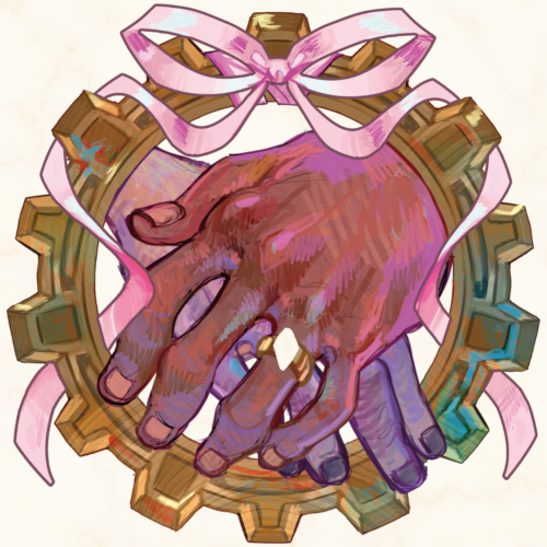 Jayvik Wedding Guest Book Jayce laying his hand on Viktor's. Their hands are surrounded by a cog wheel and pink ribbons.